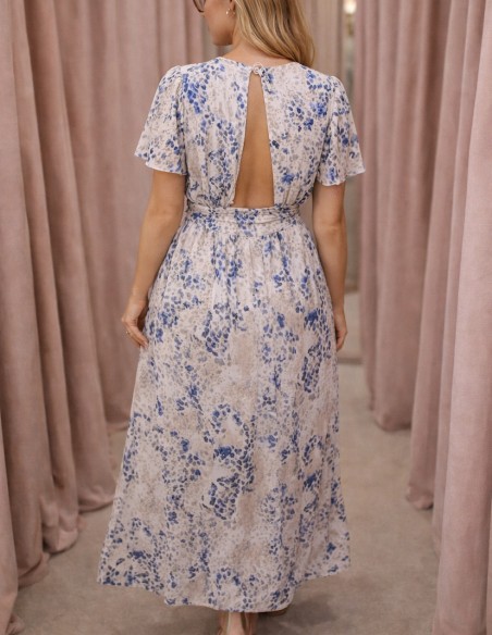 Robe longue fluide imprimé floral - Décolleté V manches courtes - Robe bohème chic femme du 34 au 50 - Robe été mariage invitée