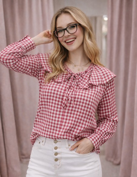 Blouse Femme Vichy Rouge ou bleu100% Coton - Chemisier Chic à Carreaux Col volanté Manches Longues 36 au 42