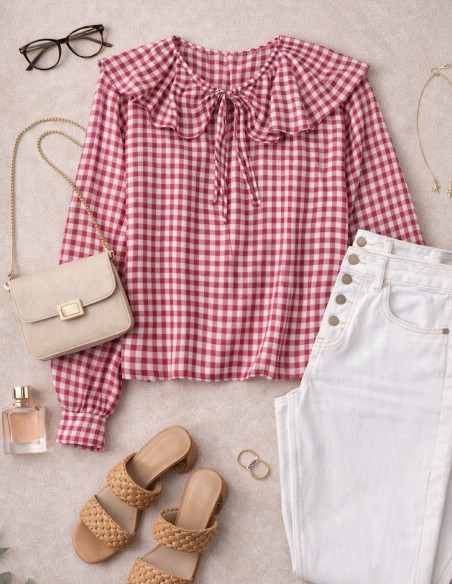 Blouse Femme Vichy Rouge ou bleu100% Coton - Chemisier Chic à Carreaux Col volanté Manches Longues 36 au 42