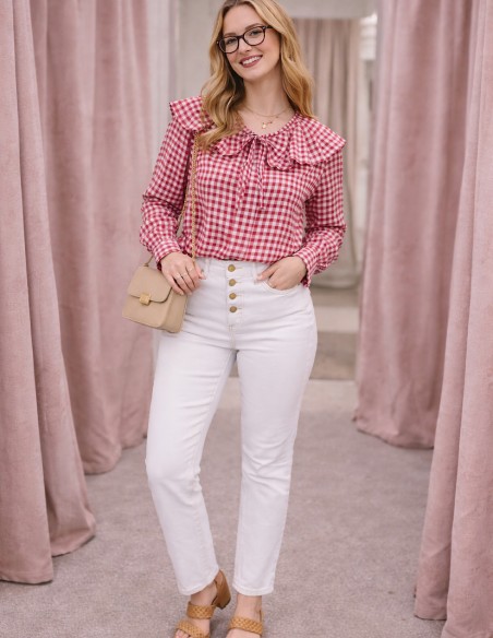 Blouse Femme Vichy Rouge ou bleu100% Coton - Chemisier Chic à Carreaux Col volanté Manches Longues 36 au 42