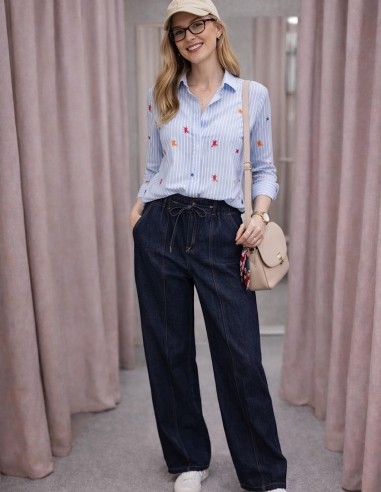 Pantalon large taille élastique en denim bleu foncé