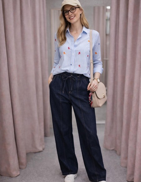 Pantalon large taille élastique en denim bleu foncé