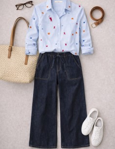 Pantalon femme jean large denim brut taille élastique confortable 2