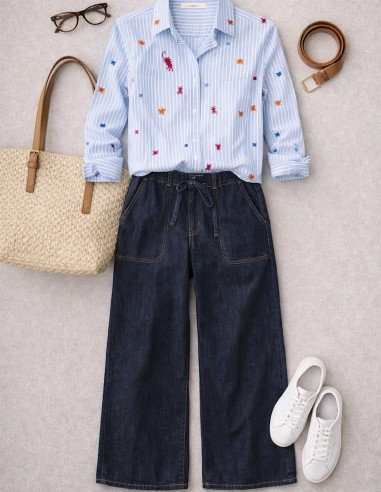 Look casual chic jean large denim bleu taille élastique confort moderne