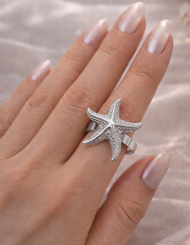 Bague étoile de mer femme argentée ajustable en acier inoxydable