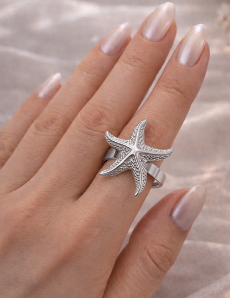 Bague étoile de mer femme argentée ajustable en acier inoxydable