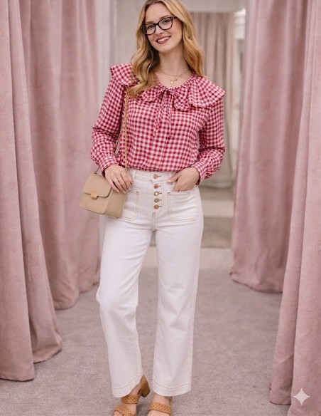 Jean Femme Taille Haute Ecru - Jean Coupe Droite Evasé à Boutons Bijoux Tendance