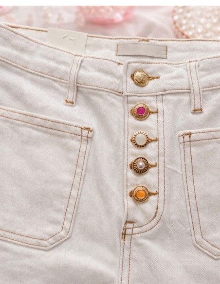 Jean Femme Taille Haute Ecru - Jean Coupe Droite Evasé à Boutons Bijoux Tendance