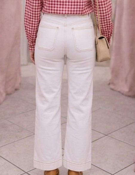 Jean Femme Taille Haute Ecru - Jean Coupe Droite Evasé à Boutons Bijoux Tendance