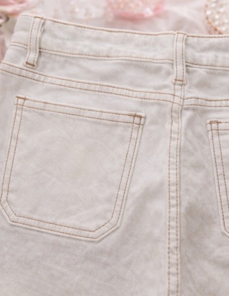 Jean Femme Taille Haute Ecru - Jean Coupe Droite Evasé à Boutons Bijoux Tendance