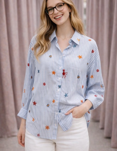 Chemise femme rayée brodée bleu ciel 100% coton du 36 au 44