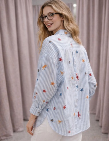 Chemise ample rayée femme brodée bleu ciel motif bord de mer
