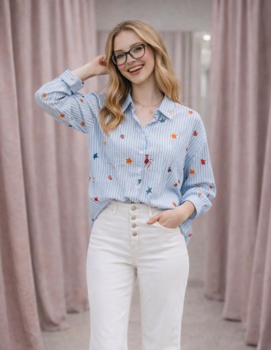 Chemise femme coton été tendance motifs broderie homard coton