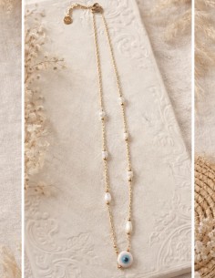 Collier œil protecteur bleu en acier inoxydable avec perles blanches et chaîne dorée