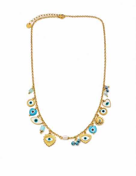 collier tendance en acier inoxydable œil turc et perles bleu