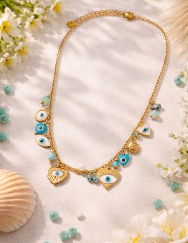 Collier Charms doré en acier inoxydable avec pendentif œil protecteur et détails bleus, bijou femme tendance et porte-bonheur