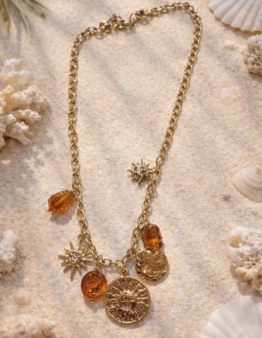collier bohème doré femme avec charms soleil et lune en acier inoxydable