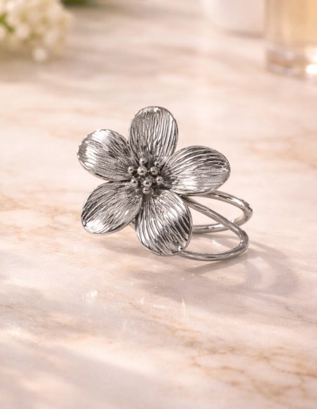 Bague Fleur Femme Réglable en Acier Inoxydable - Bague Fleur Bohème Chic Argent ou Doré - Bijou Tendance Femme
