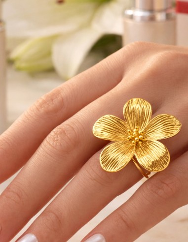 Bague Fleur Femme Réglable en Acier...