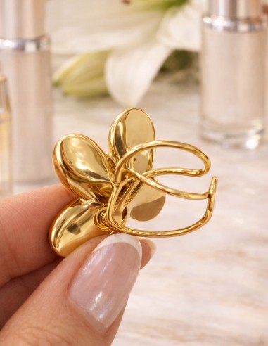 Bague Fleur Femme Réglable en Acier...