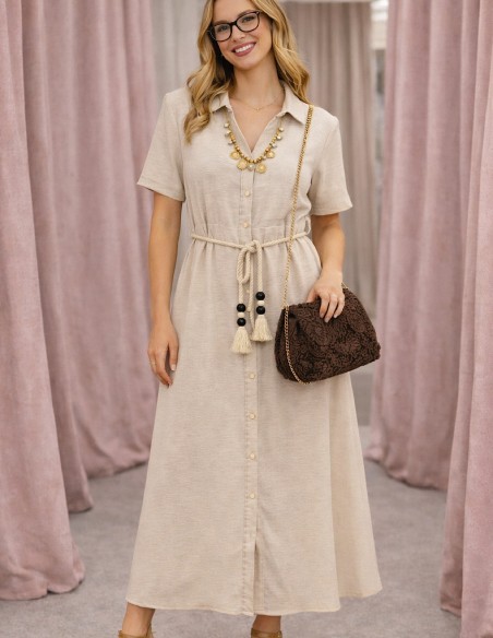 Robe chemise longue beige femme style bohème chic avec ceinture corde