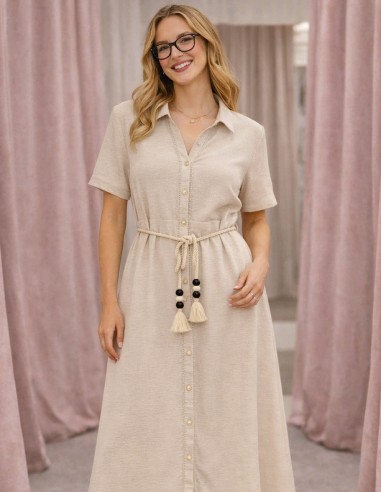 Robe chemise beige femme bohème chic ceinturée coupe midi