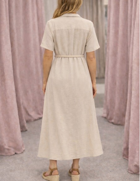 Robe longue beige femme ceinturée tenue élégante d'été