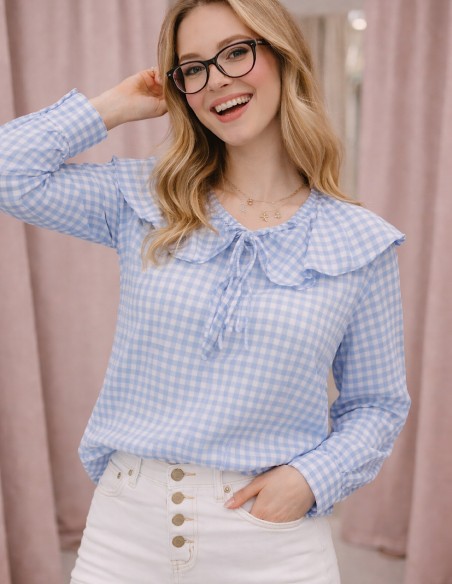 Blouse Femme Vichy Rouge ou bleu100% Coton - Chemisier Chic à Carreaux Col volanté Manches Longues 36 au 42
