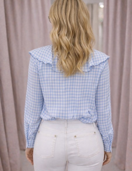 Blouse Femme Vichy Rouge ou bleu100% Coton - Chemisier Chic à Carreaux Col volanté Manches Longues 36 au 42