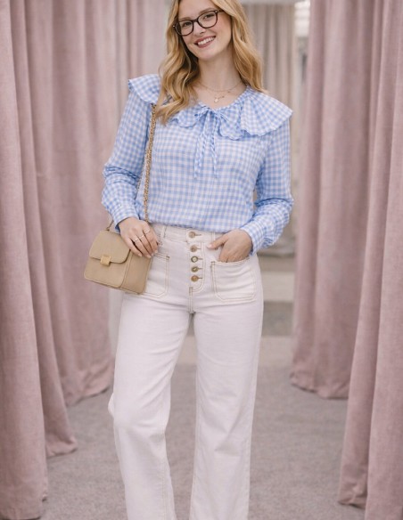 Blouse Femme Vichy Rouge ou bleu100% Coton - Chemisier Chic à Carreaux Col volanté Manches Longues 36 au 42