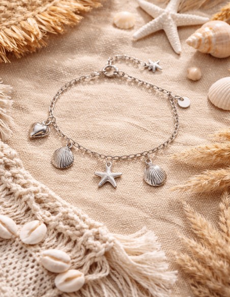 chaine de cheville coquillage femme acier inoxydable argent plage