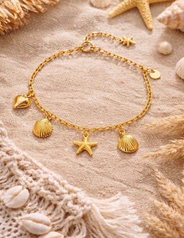 chaine de cheville coquillage etoile de mer femme acier inoxydable