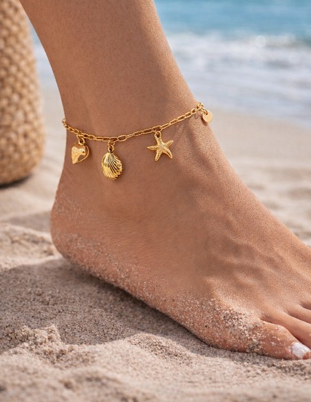 Chaîne de Cheville Coquillage & Etoile de Mer en Acier Inoxydable - Bijou de Plage Femme été ( Argent ou Doré )