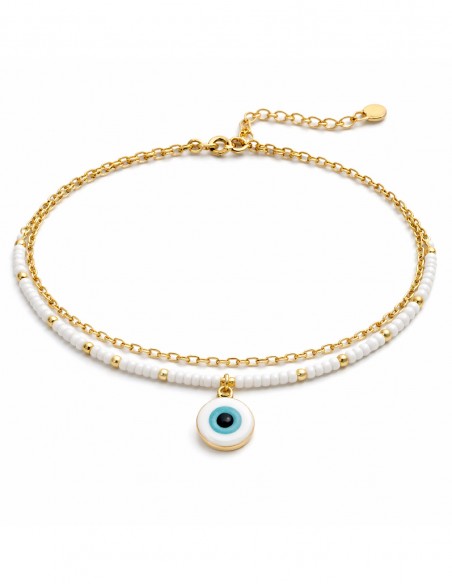 chaine de cheville femme double rang perles blanches