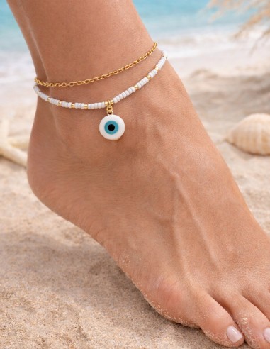 chaine de cheville oeil grec femme acier inoxydable, bracelet de cheville oeil protecteur femme perles blanches