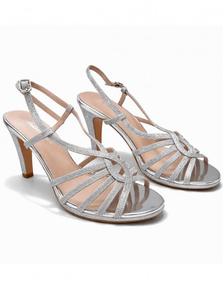 Sandales Femme Talon Haut Argent Pailleté – Chaussures de Cérémonie et Mariage – Sandales à Brides et Bout Ouvert