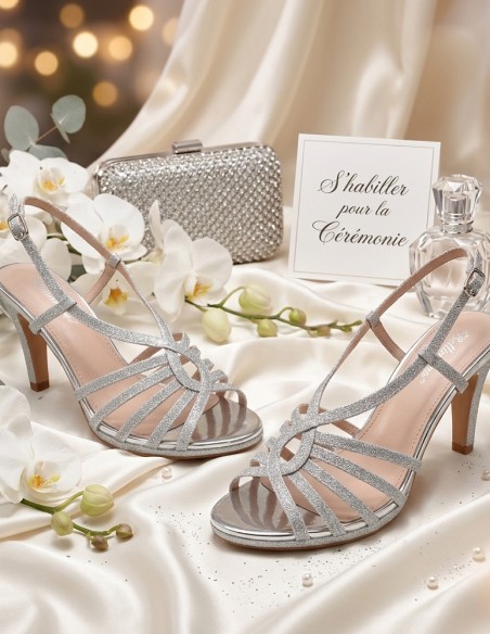 sandales femme argent pailleté talon haut chaussures mariage élégantes