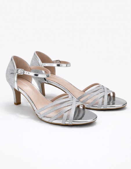 Sandales Femme Argentées à Talon – Chaussures Cérémonie, Escarpins Ouverts Brides avec Voilage, Élégant Soirée, Cocktail,Mariage