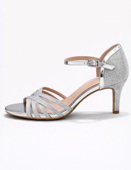 Sandales Femme Argentées à Talon – Chaussures Cérémonie, Escarpins Ouverts Brides avec Voilage, Élégant Soirée, Cocktail,Mariage