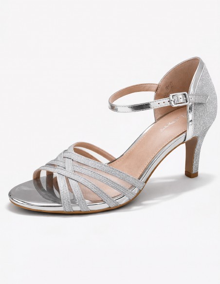 Sandales Femme Argentées à Talon – Chaussures Cérémonie, Escarpins Ouverts Brides avec Voilage, Élégant Soirée, Cocktail,Mariage