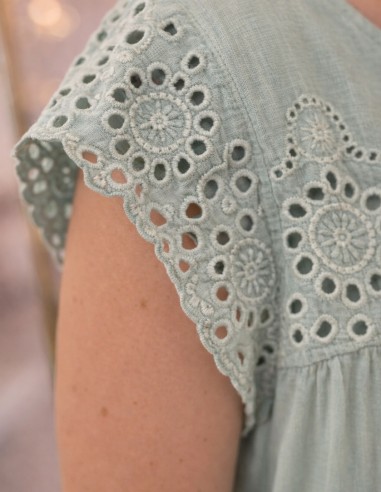 Détail broderie anglaise blouse femme vert sauge en coton brodé