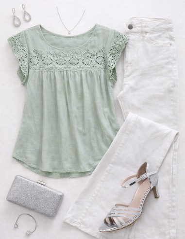 Tenue bohème chic avec blouse femme vert sauge coton brodé et jean blanc