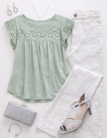 Tenue bohème chic avec blouse femme vert sauge coton brodé et jean blanc