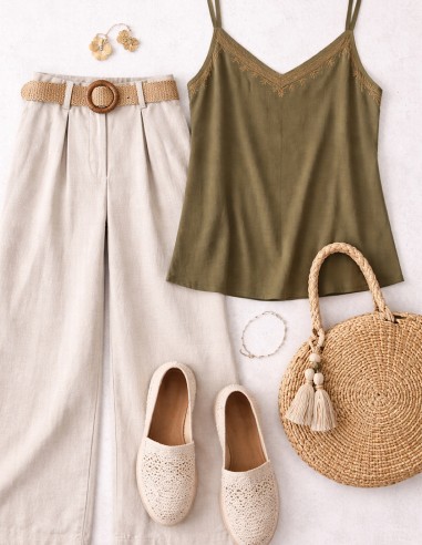 Débardeur femme kaki viscose et lin col brodé style bohème chic