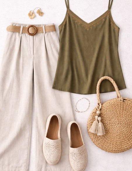 Débardeur femme kaki viscose et lin col brodé style bohème chic