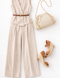 Ensemble femme chic beige avec haut sans manches et pantalon large élégant 2