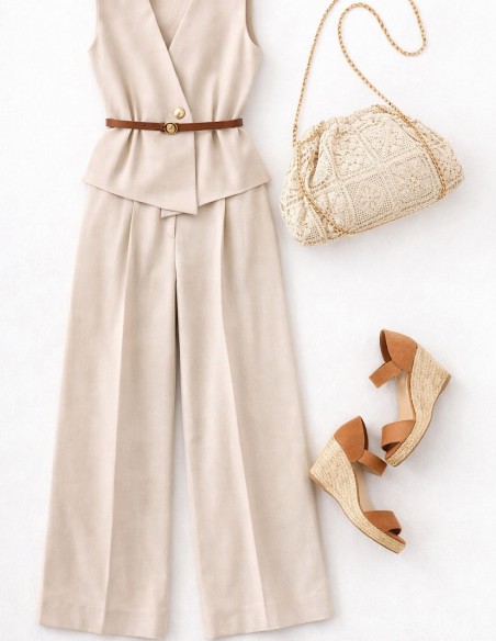 ensemble tendance beige avec pantalon large et top chic cérémonie