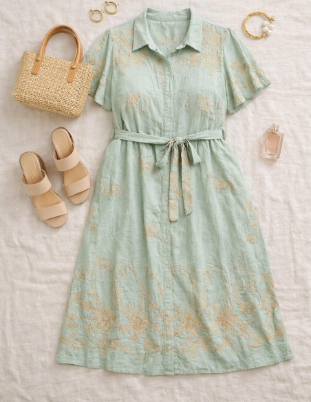 Robe grande taille femme 42-50 vert d’eau brodée – robe fluide en viscose ceinturée style bohème chic