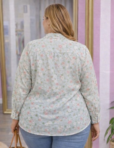 chemise femme grande taille 42 à 50 fluide coton polyester imprimé floral vert d’eau style bohème chic