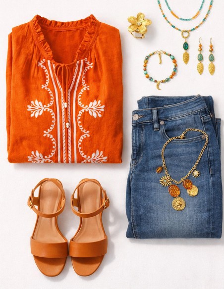 Blouse grande taille femme en viscose blanche brodée présentée en aplat avec jean et accessoires bohème chic